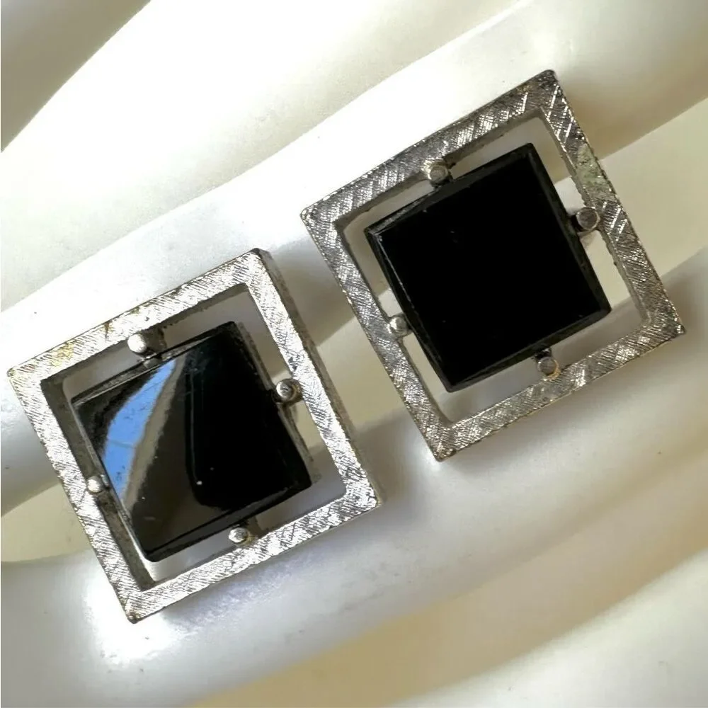 Silver tone Square  Black  vintage cuff links